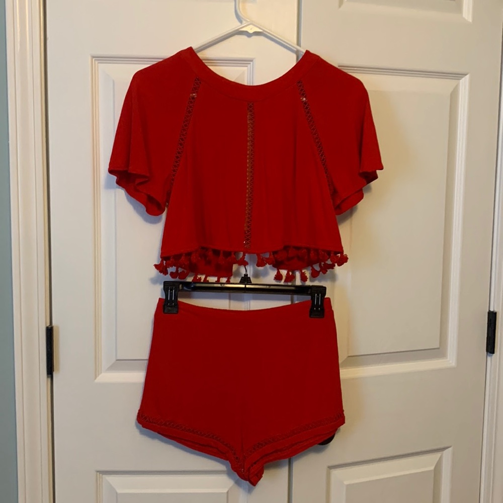 Hot Red Cut Out Tassel Top and Shorts Matching Set